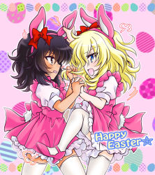 Rule 34 | 10s, 2girls, puff of air, andou (girls und panzer), animal ears, black hair, blonde hair, blue eyes, bow, brown eyes, catfight, commentary request, dark-skinned female, dark skin, dress, easter egg, egg, english text, eyes visible through hair, fake animal ears, fake tail, female focus, fighting, frilled dress, frills, from side, fume, girls und panzer, grabbing another&#039;s hair, hair bow, happy easter, high heels, holding hands, interlocked fingers, kuromori yako, large bow, leg up, looking at another, medium hair, messy hair, multiple girls, open mouth, oshida (girls und panzer), pink bow, pink dress, pink footwear, purple background, rabbit ears, rabbit tail, red bow, short dress, standing, standing on one leg, tail, thighhighs, trembling, white legwear