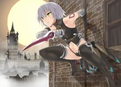 Rule 34 | 1girl, araido kagiri, arm belt, bandaged arm, bandages, belt, black belt, black panties, boots, brick wall, commentary request, dagger, fate/apocrypha, fate/grand order, fate (series), full moon, gloves, green eyes, highres, holding, holding weapon, jack the ripper (fate/apocrypha), knife, lowleg, lowleg panties, moon, night, panties, short hair, shoulder tattoo, silver hair, single glove, skyline, sleeveless, tattoo, thigh boots, thighhighs, tower, underwear, weapon, window