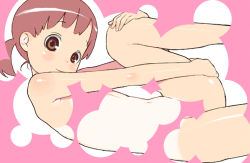 Rule 34 | blunt bangs, brown eyes, brown hair, censored, convenient censoring, flat chest, from side, hijiri rei, nude, one-piece tan, pink background, simple background, solo, tan, tanline, white background