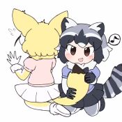 Rule 34 | 2girls, :d, animal ears, animated, black footwear, black skirt, blue shirt, blush, commentary, common raccoon (kemono friends), fang, fennec (kemono friends), flying sweatdrops, fox ears, fox tail, fur collar, fur trim, gloves, kemono friends, looping animation, multicolored hair, multiple girls, musical note, open mouth, pink shirt, raccoon ears, raccoon tail, shirt, short hair, simple background, sitting, skin fang, skirt, smile, spoken musical note, striped tail, tail, tail wagging, taro (tontaro), video, white background, white footwear, white skirt