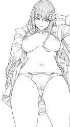 Rule 34 | 1girl, absurdres, breasts, c.c., code geass, dress shirt, greyscale, highres, long hair, medium breasts, monochrome, mushi024, navel, nipples, open clothes, open shirt, panties, shirt, smile, solo, underwear