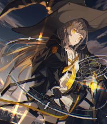 Rule 34 | 1girl, black jacket, braid, brown hair, city, cloud, collarbone, cowboy shot, dutch angle, floating hair, glowing, glowing eyes, hair ornament, hat, highres, hood, hood down, hooded jacket, jacket, long hair, long sleeves, magic, nagishiro mito, neckerchief, open clothes, open jacket, open mouth, original, outdoors, patch, school uniform, shirt, sidelocks, solo, staff, standing, sunset, thigh strap, white shirt, witch, witch hat, x hair ornament, yellow eyes, yellow neckerchief