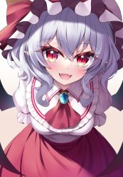 Rule 34 | 1girl, :d, absurdres, arms behind back, bat wings, breasts, fang, grey hair, hat, hat ribbon, highres, leaning forward, light purple hair, looking at viewer, medium breasts, mob cap, open mouth, pointy ears, red eyes, red ribbon, red skirt, remilia scarlet, ribbon, s vileblood, short sleeves, simple background, skin fang, skirt, slit pupils, smile, solo, touhou, upper body, white background, white hat, wings