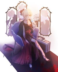 Rule 34 | 1girl, alternate costume, armchair, bad id, bad pixiv id, black footwear, black jacket, blonde hair, bolt action, breasts, case, chair, cleavage, closed mouth, collarbone, commentary, cup, dress, drinking glass, flower, full body, girls&#039; frontline, gun, hair flower, hair ornament, handgun, high heels, highres, holding, holding cup, holding gun, holding weapon, integral suppressor, integrally-suppressed firearm, jacket, jacket on shoulders, jewelry, legs, lips, looking at viewer, medium breasts, mirror, mirror image, necklace, petals, pistol, rabb horn, red dress, red flower, red rose, rose, short hair, simple background, sitting, solo, suppressor, table, vase, weapon, welrod, welrod mk ii, welrod mkii (girls&#039; frontline), white background, wine glass