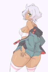 Rule 34 | 1girl, artist request, ass, ass grab, asticassia school uniform, blue eyes, breasts, dark-skinned female, dark skin, grabbing own ass, green jacket, green shorts, grey hair, gundam, gundam suisei no majo, halter shirt, halterneck, hand on ass, head tilt, highres, huge ass, jacket, unworn jacket, looking at viewer, medium breasts, open clothes, open jacket, open mouth, secelia dote, shiny skin, shirt, short hair, shorts, simple background, skindentation, smile, solo, thick thighs, thighhighs, thighs, white shirt, white thighhighs, wide hips