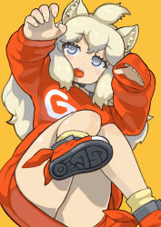 Rule 34 | 1girl, :o, alternate costume, animal ear fluff, animal ears, black choker, blonde hair, choker, claw pose, clothes, commentary request, gao, grey eyes, hands up, highres, kemono friends, lion ears, long hair, long sleeves, rinx, shoe soles, simple background, sleeves past fingers, sleeves past wrists, solo, white lion (kemono friends), yellow background