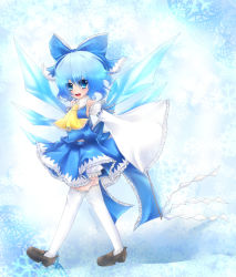 Rule 34 | 1girl, bad id, bad pixiv id, blue eyes, blue hair, blue theme, bow, cirno, cosplay, detached sleeves, gohei, hair bow, hakurei reimu, hakurei reimu (cosplay), japanese clothes, kneehighs, matching hair/eyes, miko, oonusa, socks, solo, thighhighs, tomcho, touhou, wings