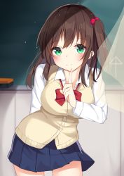 Rule 34 | 1girl, absurdres, ai ai gasa, blue skirt, blush, bow, breasts, brown cardigan, brown hair, cardigan, chalkboard, closed mouth, collared shirt, commentary request, finger to mouth, green eyes, hair between eyes, hair bobbles, hair ornament, highres, leaning forward, long hair, long sleeves, medium breasts, mizuki ryuu, moe2019, one side up, original, pleated skirt, red bow, school uniform, shirt, shushing, skirt, smile, solo, white shirt