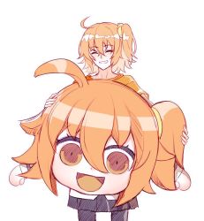 Rule 34 | 1girl, :d, ahoge, black pantyhose, blush, chaldea uniform, commentary request, closed eyes, fate/grand order, fate (series), fujimaru ritsuka (female), hair between eyes, hair ornament, hair scrunchie, mascot costume, mascot head, one side up, open mouth, orange eyes, orange hair, orange shirt, pantyhose, parody, riyo (lyomsnpmp) (style), scrunchie, shirt, side ponytail, simple background, skirt, smile, solo, style parody, sweat, white background, yaoshi jun