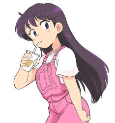 Rule 34 | 1girl, bishoujo senshi sailor moon, black hair, breasts, casual, cup, drinking straw, female focus, hand up, hino rei, holding, holding cup, long hair, looking at viewer, overalls, pink overalls, purple eyes, shirt, short sleeves, simple background, solo, tsubobot, wcdonald&#039;s, white background, white shirt