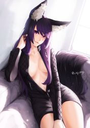 Rule 34 | 1girl, absurdres, animal ear fluff, animal ears, black dress, breasts, cleavage, closed mouth, collarbone, commission, dress, fangs, fangs out, fox ears, twirling hair, highres, leaning to the side, long hair, lufi ays, medium breasts, navel, original, partially unzipped, purple eyes, purple hair, short dress, sitting, smile, solo, swept bangs, twitter username, very long hair, zipper