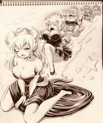 Rule 34 | 1girl, bowser, bowsette, bracelet, breasts, cleavage, collar, dress, forked eyebrows, gender request, genderswap, high heels, highres, jewelry, kneeling, mario (series), monochrome, new super mario bros. u deluxe, nintendo, scan, sequential, sharp teeth, smoke, spiked bracelet, spiked collar, spiked shell, spiked tail, spikes, star (symbol), strapless, strapless dress, super crown, tail, teeth, transformation, turtle shell, twitter username, yoshida gorou