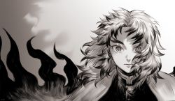 Rule 34 | 1boy, absurdres, cape, closed mouth, colored tips, commentary, demon slayer uniform, flame print, forked eyebrows, greyscale, hair down, highres, kimetsu no yaiba, looking at viewer, male focus, medium hair, monochrome, multicolored hair, parted bangs, portrait, rengoku kyoujurou, solo, streaked hair, symbol-only commentary, yeangol