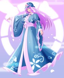 Rule 34 | 1girl, absurdres, blue hat, blue kimono, breasts, center frills, cmerc112, commentary, frills, full body, gradient background, hat, highres, japanese clothes, juliet sleeves, kimono, large breasts, long hair, long sleeves, mob cap, pink hair, puffy sleeves, saigyouji yuyuko, sash, solo, touhou, triangular headpiece, wide sleeves