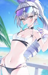 Rule 34 | 1girl, absurdres, alternate costume, bare shoulders, beach, bikini, black bikini, blue sky, breasts, cleavage, commentary, cowboy shot, drill hair, food, food in mouth, goggles, goggles on head, grey eyes, grey hair, highres, holding, holding phone, honkai: star rail, honkai (series), long hair, mizupuruta, multi-strapped bikini bottom, navel, ocean, phone, popsicle, popsicle in mouth, sand, silver wolf (honkai: star rail), sky, small breasts, solo, stomach, summer uniform, swimsuit, thighs, white bikini