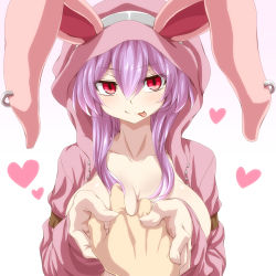 Rule 34 | 1girl, animal hood, blush, breasts, carro (watarui), center opening, earrings, heart, highres, holding hands, hood, hoodie, jewelry, large breasts, long hair, long sleeves, looking at viewer, naked hoodie, open clothes, original, out of frame, purple hair, rabbit hood, red eyes, shiny skin, simple background, smile, solo focus, tongue, tongue out, upper body, usagi-san (watarui), watarui, white background