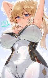 Rule 34 | 1girl, armpits, arms up, bare shoulders, blonde hair, blue eyes, blush, breasts, from below, genshin impact, hair between eyes, high ponytail, highres, horn/wood, jean (genshin impact), large breasts, long hair, looking down, pants, ponytail, shirt, sidelocks, solo, steam, strapless, strapless shirt, sweat, tight clothes, tight pants, white pants
