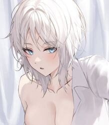 Rule 34 | 1girl, blue eyes, blush, breasts, cleavage, collarbone, collared shirt, dress shirt, eonyan (chaeyang), faust (project moon), highres, long hair, looking at viewer, medium breasts, messy hair, off shoulder, open clothes, open shirt, parted lips, project moon, shirt, solo, upper body, white hair, white shirt