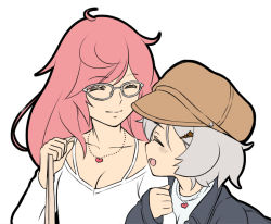 Rule 34 | 2girls, :d, ahoge, arm hug, bag, breasts, brown bag, brown headwear, cleavage, clenched hand, closed eyes, closed mouth, facing another, glasses, grey hair, grey jacket, hair ornament, hand up, hat, heart, heart necklace, jacket, jewelry, kazari jun, long hair, long sleeves, magia record: mahou shoujo madoka magica gaiden, mahou shoujo madoka magica, miwa mitsune, multiple girls, necklace, open mouth, pink hair, portrait, shirt, short hair, shoulder bag, simple background, smile, star (symbol), star hair ornament, swept bangs, unfinished, white background, white shirt, you2
