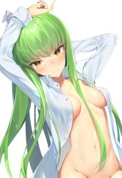Rule 34 | 1girl, arms up, bare pectorals, blouse, blush, breasts, c.c., code geass, collarbone, collared shirt, green hair, highres, long hair, long sleeves, looking at viewer, medium breasts, navel, open clothes, open shirt, pectorals, runastark, shirt, smile, solo, stomach, unbuttoned, unbuttoned shirt, upper body, white shirt, yellow eyes