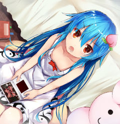 Rule 34 | &gt;:o, 1girl, :o, adapted costume, bare arms, bare shoulders, bed, blue hair, collarbone, commentary request, cowboy shot, downblouse, dress, efe, english text, food, from above, fruit, hair between eyes, hair ornament, hair over shoulder, handheld game console, hinanawi tenshi, long hair, looking at viewer, looking up, monster hunter (series), nintendo 3ds, nintendo ds, notebook, open mouth, peach, playing games, red eyes, sketch, sleeveless, sleeveless dress, solo, stuffed animal, stuffed toy, teeth, touhou, v-shaped eyebrows, very long hair, white dress