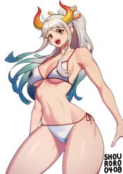 Rule 34 | 1girl, alternate costume, aqua hair, artist name, bare shoulders, bikini, breasts, cleavage, collarbone, commentary request, cowboy shot, earrings, grey hair, hair ornament, high ponytail, highres, horns, jewelry, korean commentary, long hair, looking at viewer, medium breasts, multicolored hair, multicolored horns, navel, one piece, oni horns, open mouth, red horns, shouroro, sidelocks, solo, stomach, swimsuit, teeth, thighs, upper teeth only, white background, white bikini, yamato (one piece), yellow eyes, yellow horns