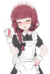 Rule 34 | 1girl, alcohol, alternate costume, apron, bestramos, black bow, black dress, black nails, blunt bangs, blush, bocchi the rock!, bow, braid, closed eyes, commentary, cowboy shot, dress, earrings, enmaided, frilled apron, frills, hair bow, hair over shoulder, hand on own hip, hand up, hiroi kikuri, holding carton, jewelry, long hair, maid, maid apron, maid headdress, nail polish, open mouth, purple hair, sharp teeth, short sleeves, simple background, single braid, smile, solo, standing, teeth, white apron, white background, wrist cuffs