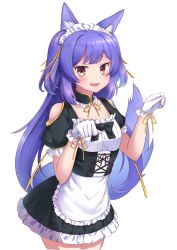 Rule 34 | .live, alternate costume, animal ears, blush, fang, gloves, hair ornament, highres, looking at viewer, maid, maid headdress, open mouth, paw pose, purple hair, rurun rururica, shinori (efvbji6264), simple background, virtual youtuber, white background, white gloves, wolf ears, yellow eyes