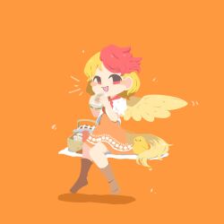 Rule 34 | 1girl, animal, bird, bird tail, bird wings, blonde hair, blush stickers, boots, brown footwear, chick, dress, feathered wings, food, full body, highres, holding, holding food, multicolored hair, niwatari kutaka, no lineart, open mouth, orange background, orange dress, picnic basket, red eyes, red hair, sandwich, shinsei tomato, short hair, short sleeves, simple background, smile, solo, tail, touhou, two-tone hair, wings, yellow wings