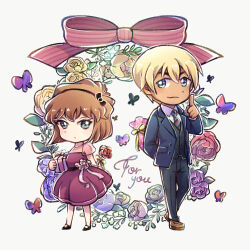 Rule 34 | 1boy, 1girl, amuro tooru, astrayin, black pants, black vest, blonde hair, blue jacket, bow, brown footwear, brown hair, bug, butterfly, chibi, dress, flower, gift, haibara ai, highres, holding, holding gift, insect, jacket, meitantei conan, necktie, open clothes, open jacket, pants, pink bow, red dress, see-through, see-through sleeves, shoes, standing, striped, striped bow, striped necktie, vest