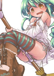 Rule 34 | 1girl, artist name, bare shoulders, blush, boots, breasts, broom, broom riding, brown footwear, brown thighhighs, cross-laced footwear, dated, dress, dutch angle, embarrassed, fangs, female focus, from below, green hair, green thighhighs, have to pee, legs together, long hair, long sleeves, looking down, neck ribbon, open mouth, orange eyes, original, panties, pantyshot, pee, peeing, peeing self, pointy ears, red ribbon, ribbon, short dress, side-tie panties, sidelocks, signature, simple background, skin fangs, small breasts, solo, striped clothes, striped thighhighs, thighhighs, ugogogesik, underwear, upskirt, wet, wet clothes, wet panties, white background, white dress, white panties
