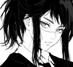 Rule 34 | 1girl, black hair, black necktie, chainsaw man, collared shirt, formal, greyscale, inoitoh, jacket, looking at viewer, medium hair, monochrome, necktie, scar, scar on face, scar on nose, shirt, sidelocks, simple background, solo, suit, suit jacket, tendou michiko, white background