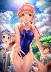 Rule 34 | 4girls, bare shoulders, black hair, blue eyes, blue hair, blue one-piece swimsuit, blue sky, blunt bangs, blush, bottle, breasts, brown eyes, brown hair, chain-link fence, cloud, collarbone, commentary request, competition swimsuit, day, enemy lifebuoy (kancolle), fence, hair flaps, hair ribbon, kantai collection, kitakami (kancolle), leaning forward, lips, long hair, looking at viewer, medium breasts, multiple girls, one-piece swimsuit, ooi (kancolle), open mouth, outdoors, outstretched hand, pink hair, ponytail, pool ladder, purple eyes, revision, ribbon, samidare (kancolle), sky, smile, standing, swimsuit, teeth, unowen, upper teeth only, very long hair, water, water bottle, wet, yellow eyes, yura (kancolle)