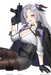 Rule 34 | 1girl, ahoge, apc9k (girls&#039; frontline), b&amp;t apc, b&amp;t apc9, black bra, black gloves, bra, bra peek, breasts, buttons, cleavage, collarbone, collared shirt, double-breasted, from side, girls&#039; frontline, gloves, grey hair, gun, high-waist shorts, highres, jacket, kir (khw66136132), large breasts, long hair, looking at viewer, mole, mole under mouth, open clothes, open jacket, open mouth, pantyhose, parted bangs, purple eyes, shirt, short shorts, shorts, sitting, smile, solo, submachine gun, thighband pantyhose, underwear, weapon, wing collar