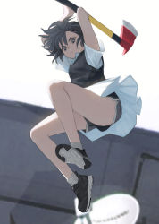 Rule 34 | 1girl, arms up, axe, black eyes, black footwear, black hair, black shorts, black vest, copyright request, fire axe, flat chest, from below, full body, hair ornament, hairclip, highres, holding, holding weapon, incoming attack, jumping, original, sara manta, shirt, shoes, short hair, short sleeves, shorts, shorts under skirt, skirt, sneakers, socks, solo, sweater vest, vest, weapon, white shirt, white skirt