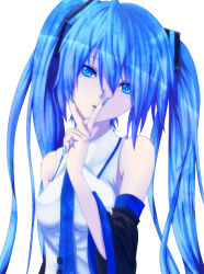 Rule 34 | 1girl, bare shoulders, blue eyes, blue hair, daburu, detached sleeves, finger to mouth, hatsune miku, long hair, looking at viewer, matching hair/eyes, monochrome, nail polish, necktie, solo, twintails, vocaloid
