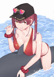 Rule 34 | 1girl, :p, between breasts, bikini, bikini top lift, black hat, breasts, clothes lift, collarbone, fish, hat, heart, heterochromia, highres, hololive, houshou marine, houshou marine (summer), kaname (melaninusa09), large breasts, long hair, looking at viewer, red bikini, red eyes, red hair, riding, riding shark, scrunchie, shark fin, soaking feet, solo, straddling, strap lift, swimsuit, tongue, tongue out, twintails, virtual youtuber, water, wrist scrunchie, yellow eyes