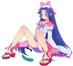 Rule 34 | 1girl, azuma sara, blue hair, blush, bow, collarbone, cucumber, eyelashes, full body, hat, highres, japanese clothes, long hair, looking ahead, panties, pantyshot, parted lips, pink bow, purple eyes, sandals, sarazanmai, simple background, sitting, solo, spread legs, thick eyebrows, toenails, tsui ni tsuin, underwear, very long hair, white background, white hat, white panties, wide sleeves