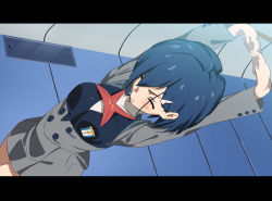 Rule 34 | 10s, 1girl, blue hair, closed mouth, darling in the franxx, from above, hair ornament, hairclip, ichigo (darling in the franxx), indoors, letterboxed, long sleeves, senjitsu musou, short hair, skirt, solo, stretching, uniform