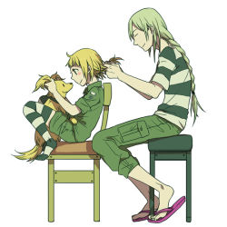 Rule 34 | 1boy, 1girl, androgynous, blonde hair, boots, braid, chair, character request, child, dien bien phu (manga), dog, ha.skr (hasukara), hairdressing, long hair, military, military uniform, shorts, sitting, size difference, slippers, striped clothes, striped thighhighs, thighhighs, tim lawrence, uniform