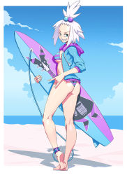 Rule 34 | 1girl, ass, beach, bikini, blue eyes, breasts, commission, creatures (company), day, freckles, from behind, game freak, genzoman, grin, hair bobbles, hair ornament, highres, jacket, looking at viewer, looking back, medium breasts, nintendo, open clothes, open jacket, outdoors, pokemon, pokemon bw2, roxie (pokemon), sharp teeth, shiny skin, short hair, smile, solo, spiked hair, standing, striped bikini, striped clothes, surfboard, swimsuit, teeth, topknot, white hair