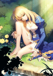 Rule 34 | 1girl, ahoge, alternate breast size, artoria pendragon (fate), bare legs, barefoot, blonde hair, blue dress, breasts, cleavage, cleavage cutout, clothing cutout, day, dress, excalibur (fate/stay night), fate/stay night, fate (series), green eyes, highres, hugging own legs, long hair, long legs, long sleeves, medium breasts, outdoors, puffy sleeves, saber (fate), sitting, solo, sword, vmax-ver, water, weapon