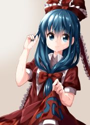 Rule 34 | 1girl, aqua eyes, aqua hair, bow, breasts, closed mouth, collar, collared shirt, dress, dutch angle, frilled dress, frilled ribbon, frills, front ponytail, gradient background, hair bow, hair ribbon, highres, holding, holding own hair, kagiyama hina, kerchief, long hair, looking at viewer, puffy short sleeves, puffy sleeves, red dress, red ribbon, ribbon, ruu (tksymkw), shirt, short sleeves, skirt hold, sleeve cuffs, small breasts, smile, solo, standing, swirl, touhou, upper body, water, wet, wet clothes, wet dress, wet hair, white background, white collar, white frills