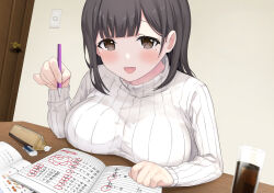 Rule 34 | 1girl, :d, black eyes, black hair, blunt bangs, blush, book, breast rest, breasts, commentary request, cup, door, doorknob, drinking glass, echiru39, highres, holding, holding pen, large breasts, looking at viewer, medium hair, mole, mole under eye, notebook, open book, open mouth, original, paid reward available, pen, pencil case, smile, solo, sweater, table, turtleneck, turtleneck sweater, upper body, white sweater