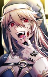 Rule 34 | 1girl, ?, blonde hair, blood, blood on face, commentary request, cross, ear piercing, english text, fang, habit, highres, jewelry, looking at viewer, nun, o-ring, open mouth, original, piercing, pointy ears, red eyes, ring, solo, stitches, tatsuma daisuke, teeth, tongue, upper body, vampire