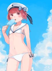 Rule 34 | 10s, 1girl, anchor, bikini, blush, bow, breasts, brown eyes, brown hair, clothes writing, cloud, cowboy shot, day, flat chest, food, hat, highres, ice cream, kantai collection, looking at viewer, navel, red eyes, red hair, ribbon, sailor bikini, sailor collar, short hair, sky, solo, suppaman (rfjy), sweat, swimsuit, tongue, tongue out, white bikini, white hat, z3 max schultz (kancolle)