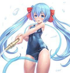 Rule 34 | 1girl, between legs, blue eyes, blue hair, blue one-piece swimsuit, borrowed character, breasts, cameltoe, hair ribbon, hose, long hair, looking at viewer, one-piece swimsuit, open mouth, original, red ribbon, ribbon, school swimsuit, simple background, small breasts, solo, swimsuit, tougetsu gou, twintails, water, white background