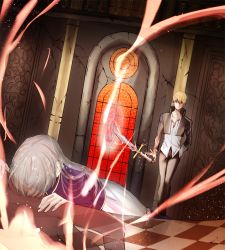 Rule 34 | 1boy, 1girl, bad id, bad pixiv id, blonde hair, dognong, fate/stay night, fate (series), gilgamesh (fate), grey hair, heracles (fate), illyasviel von einzbern, official alternate costume, ruins, sword, translucent, weapon