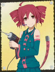 Rule 34 | &gt;:), 1girl, ahoge, astn, asuto3, detached sleeves, drill, drill hair, headphones, headset, highres, kasane teto, power drill, power tool, red eyes, red hair, skirt, smile, solo, tail, twin drills, twintails, utau, v-shaped eyebrows, vocaloid