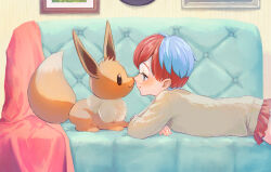 Rule 34 | 1girl, :3, affectionate, alternate costume, blue hair, blush, closed mouth, commentary request, couch, creatures (company), eevee, from side, game freak, gen 1 pokemon, grey eyes, highres, indoors, kyu kei, lying, miniskirt, nintendo, noses touching, on stomach, penny (pokemon), pleated skirt, pokemon, pokemon (creature), pokemon sv, red hair, red skirt, short hair, skirt, smile, sweater